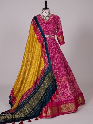 Pink Bandhej Digital Printed Pure Gaji Silk With Yellow Dupatta