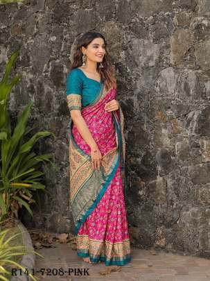 Pink Beautiful Wedding Foil Printed Dola Silk Saree With One Meter Blouse