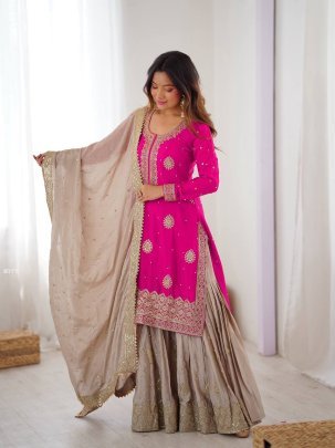 Pink & Beige Embroidered Kurta With Sharara & Dupatta