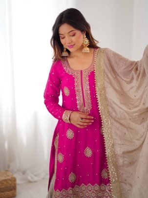 Pink & Beige Embroidered Kurta With Sharara & Dupatta