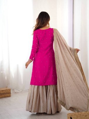 Pink & Beige Embroidered Kurta With Sharara & Dupatta