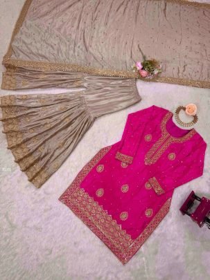 Pink & Beige Embroidered Kurta With Sharara & Dupatta