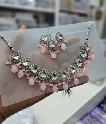 Pink Color Diamond Necklace set with Mang Tikka