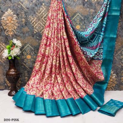 Pink Color Dola Dark flower printed Silk Sarees