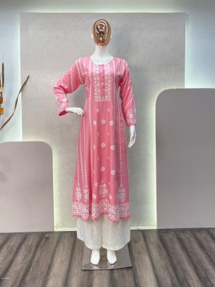 Pink Color Embrace Style with Rayon Flair Top and Cotton Thread Embroidered Palazzo Set