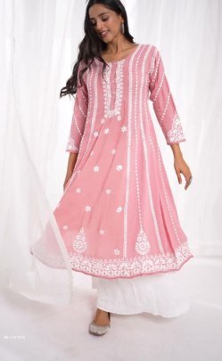 Pink Color Embrace Style with Rayon Flair Top and Cotton Thread Embroidered Palazzo Set