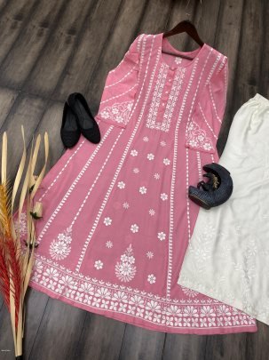 Pink Color Embrace Style with Rayon Flair Top and Cotton Thread Embroidered Palazzo Set