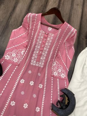 Pink Color Embrace Style with Rayon Flair Top and Cotton Thread Embroidered Palazzo Set