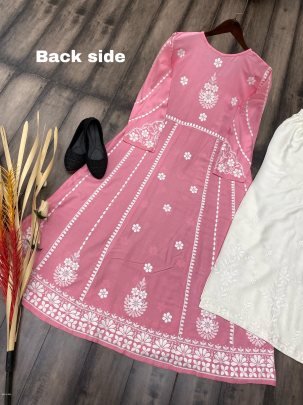 Pink Color Embrace Style with Rayon Flair Top and Cotton Thread Embroidered Palazzo Set