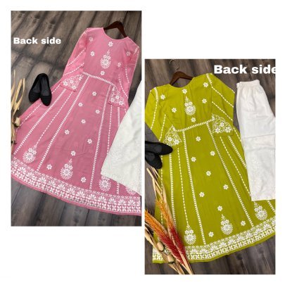 Pink Color Embrace Style with Rayon Flair Top and Cotton Thread Embroidered Palazzo Set