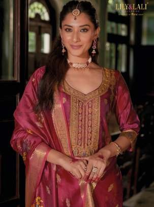 Pink Colour Organza Jacquard Kurti Pant Dupatta Set