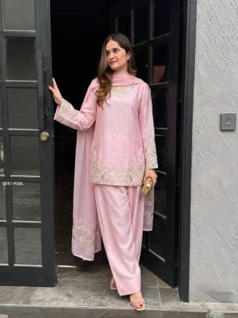 Pink Crepe Silk Embroidered Kurti With Farsi Pant Set with Dupatta
