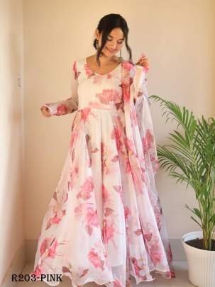 Pink Digital Printed Organza Taby Silk Gown With Printed Dupatta