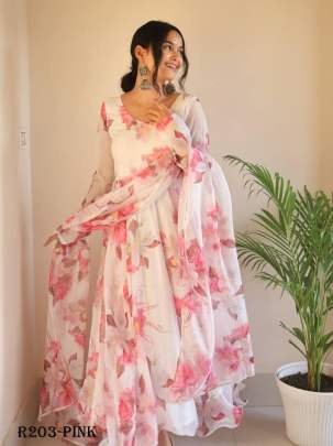 Pink Digital Printed Organza Taby Silk Gown With Printed Dupatta