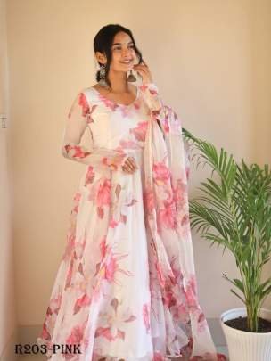 Pink Digital Printed Organza Taby Silk Gown With Printed Dupatta