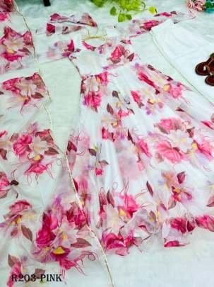 Pink Digital Printed Organza Taby Silk Gown With Printed Dupatta