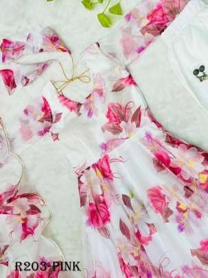 Pink Digital Printed Organza Taby Silk Gown With Printed Dupatta