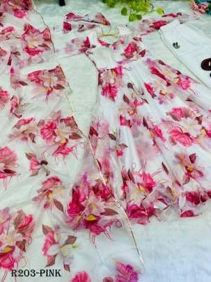 Pink Digital Printed Organza Taby Silk Gown With Printed Dupatta