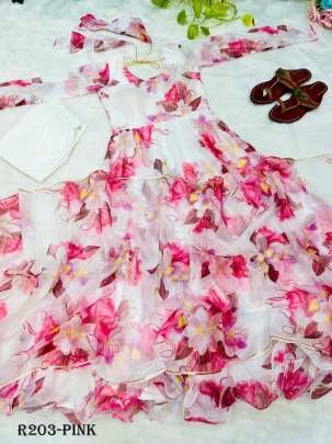 Pink Digital Printed Organza Taby Silk Gown With Printed Dupatta
