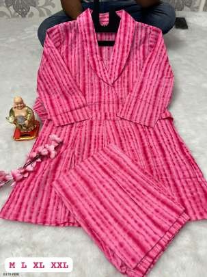 Pink Digital Printed Pure Cotton Cord Set With Classy Belt