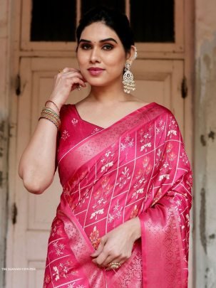 Pink Digital Printed Rich Pallu Pure Silk Saree With Dual Tone Tassels