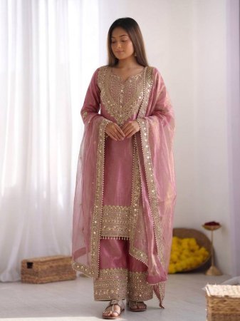 Pink Embroidered Kurti Sharara Set With Dupatta 