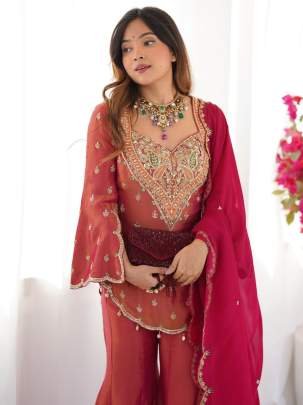Stylish Pink Embroidered Kurti With Flared Palazzo And Dupatta Set