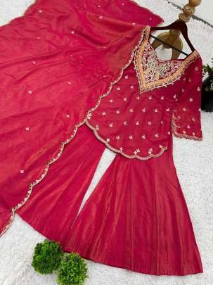 Stylish Pink Embroidered Kurti With Flared Palazzo And Dupatta Set