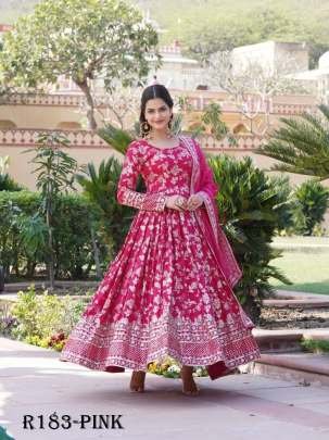 Pink Embroidered Viscose Stitched Gown With Sequence Work