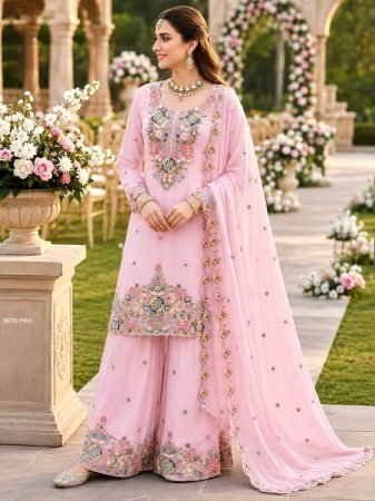 Pink Embroidery Mul Chanderi Sharara Suit 