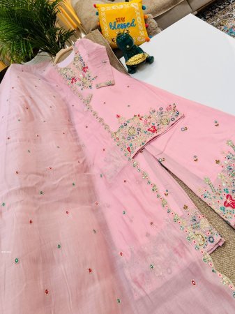 Pink Embroidery Mul Chanderi Sharara Suit