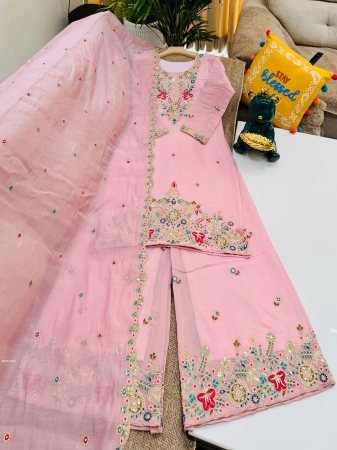 Pink Embroidery Mul Chanderi Sharara Suit
