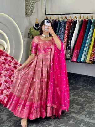 Pink Festival Wear Jacquard Kota Silk Anarkali Suits