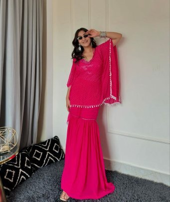 Pink Festive Sharara Set with Tassel Trimmed Kaftan