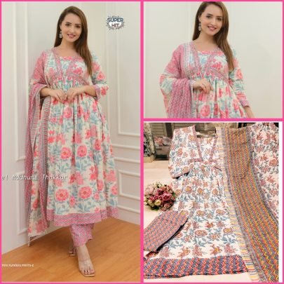 Pink Floral Anarkali Suit Set with matching Pants and dupatta