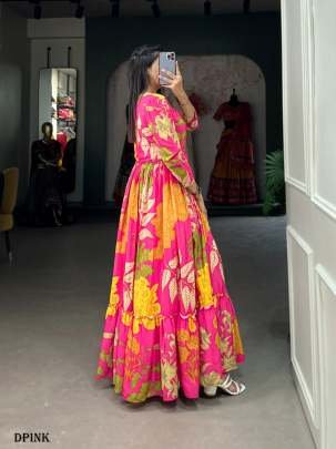 Pink Floral Printed Glamour Silk Crepe Long Gown