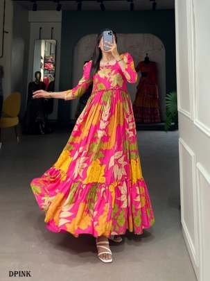 Pink Floral Printed Glamour Silk Crepe Long Gown