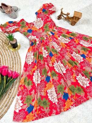 Pink Floral Printed Multi Color Kids Frock