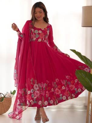 Pink Floral Printed Organza Silk Kurti Pant Dupatta Set