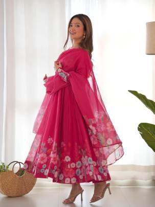 Pink Floral Printed Organza Silk Kurti Pant Dupatta Set