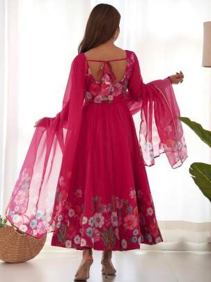 Pink Floral Printed Organza Silk Kurti Pant Dupatta Set