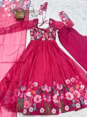 Pink Floral Printed Organza Silk Kurti Pant Dupatta Set