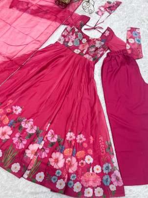 Pink Floral Printed Organza Silk Kurti Pant Dupatta Set