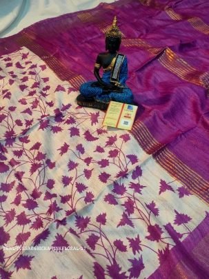 Pink Floral Screen Printed Original Tussar Ghicha Silk Saree 37