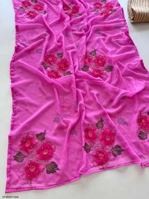 Pink Flower Heavy Handwork Soft Georgette Saree