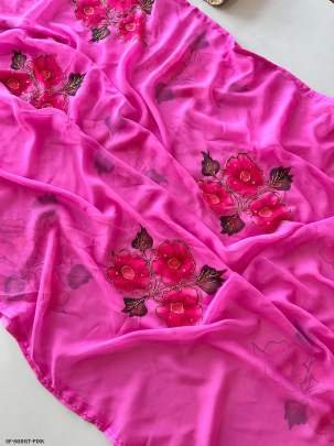 Pink Flower Heavy Handwork Soft Georgette Saree