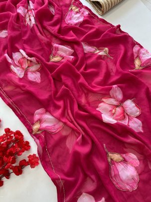 Pink Flower Printed And Handwork Soft Georgette Saree With Silk Blouse