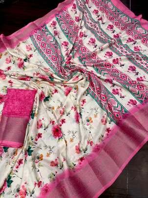 Pink Flower Printed Dola Silk Saree With Jacquard Border