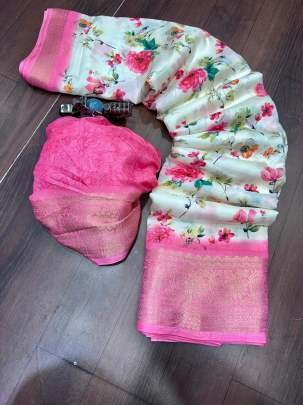 Pink Flower Printed Dola Silk Saree With Jacquard Border