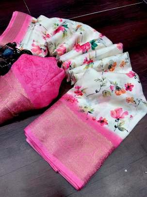 Pink Flower Printed Dola Silk Saree With Jacquard Border